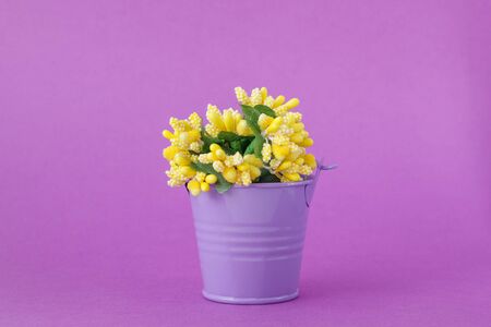 Toy bucket light purple with yellow flowers on a dark purple background.の写真素材