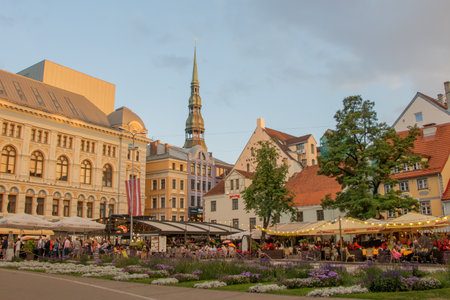 Riga Latvia 11 July 2018 In the evening at the Livu square in the Old town of Rigaのeditorial素材