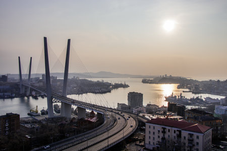 Vladivostok Russia 24 November 2018. View from the Eagle hill on the Golden bridge and the Golden horn Bayのeditorial素材