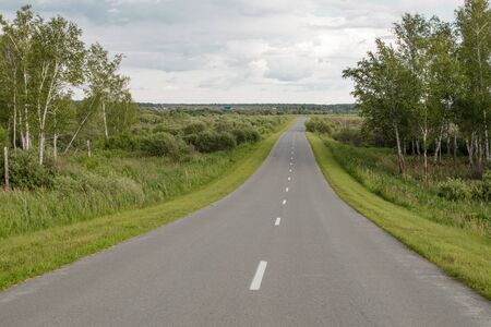 A rural road between forests and fields to a small Siberian village. Tyumen region, Russia