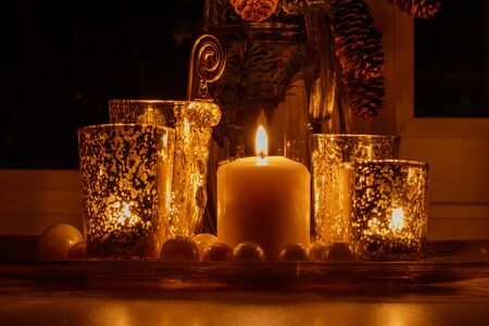 Happy New Year 2020 Christmas and New Year holidays background, winter season. Greeting card with candle.の写真素材