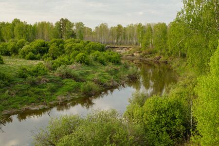View of the taiga Siberian river Vagai. Spring landscape. Russia.の写真素材