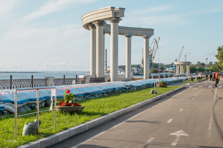 Khabarovsk, Russia - August 20, 2019: Barrier structures to prevent flooding of the Amur River embankment. The water level rose to a critical six meters.のeditorial素材
