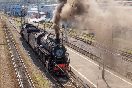Old steam locomotive at Kultuk station for tourist trip along non-electrified part of Circum-Baikal Railway.のeditorial素材