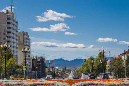 Yuzhno-Sakhalinsk, Russia - September 4, 2019: City travel. One of the main streets of Victory Avenue.のeditorial素材