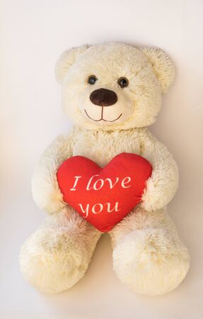 Cute teddy beige bear sitting on a white background. He holds a big red heart with the text. I love youの写真素材