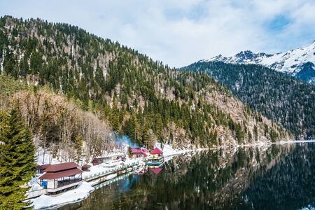 Beautiful spring landscape of the Caucasus mountains and Lake Ritsa located in Abkhaziaの写真素材