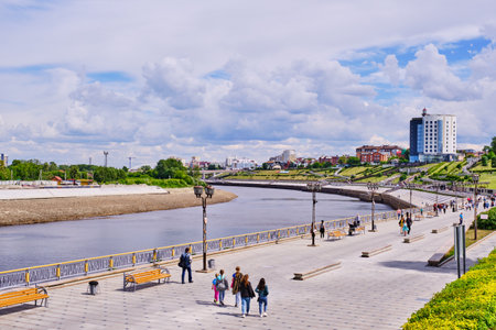 Tyumen, Russia - 24 June, 2020: Cityscape. View of the embankment of the Tura River.のeditorial素材