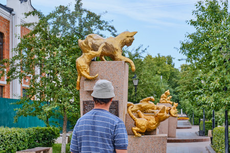 Tyumen, Russia - 24 2020: Tourist walking through the square of Siberian cats. Animals went from Siberia to Leningrad to save Hermitage collections from rats during Great Patriotic Warのeditorial素材