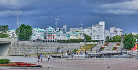 Yekaterinburg, Russia - July 29, 2020: Summer cityscape. View of the Historical Square and Sevastyanov's House. Bannerのeditorial素材