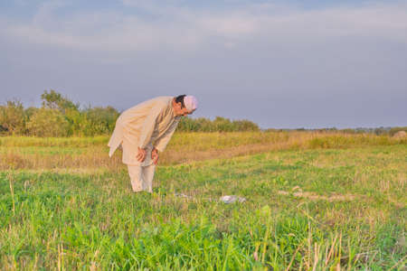 A Muslim senior man wearing an embroidered skullcap and white traditional clothes prays in an hayfield.の写真素材