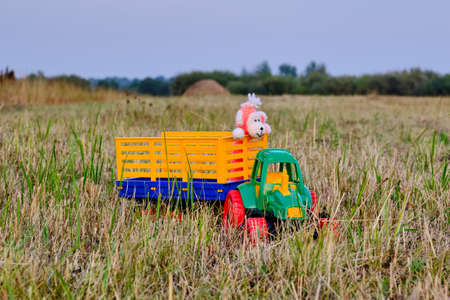 Toy tractor with a trailer and a funny toy monkey on real agricultural fieldの写真素材