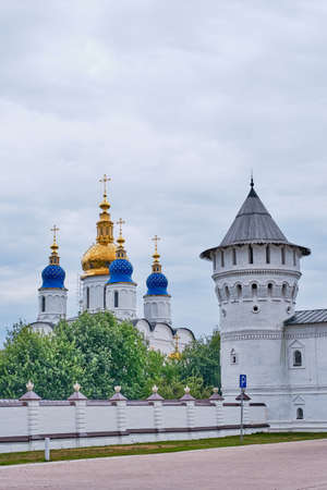 The Tobolsk Kremlin is white-stone kremlin in Siberia, Russia. Founded in 1587. Wall and tower, domes of St. Sophia-assumption Cathedralの写真素材