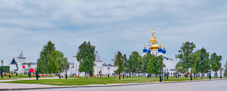 Tobolsk, Russia - August 16, 2020. The Tobolsk Kremlin is white-stone kremlin in Siberia. Founded in 1587. Bannerのeditorial素材
