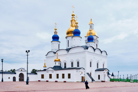 The Tobolsk Kremlin is white-stone kremlin in Siberia, Russia. Founded in 1587. Wall and tower, domes of St. Sophia-assumption Cathedralのeditorial素材