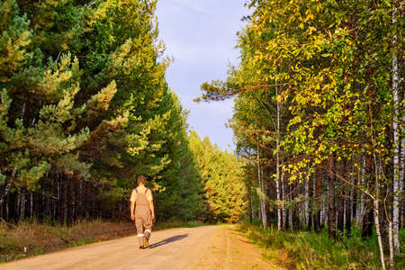 Middle-aged man in work overalls lit by sunlight walks away along a forest roadの写真素材