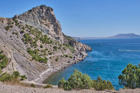 Golitsyn trail off coast of Blue Bay. Mountain trail cut on slope of Mount Koba-Kaya. Tourist route near Novy Svet, Crimeaの写真素材