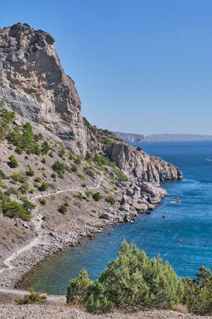 Golitsyn trail off coast of Blue Bay. Mountain trail cut on slope of Mount Koba-Kaya. Tourist route near Novy Svet, Crimeaの写真素材