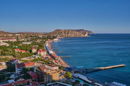 Top view of the embankment and beaches of the resort town of Sudak. Crimean peninsula.の写真素材