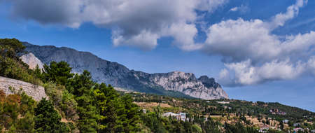 Beautiful mountain landscape. View on Ai-Petri, a peak in the Crimean Mountains. Banner.の写真素材
