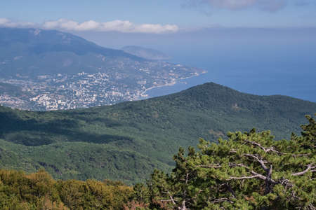 Impressive landscape. Crimean mountains and cloudy sky. View from the Ai Petri plateau. In the foreground are beautiful coniferous trees. Mountain pine.の写真素材