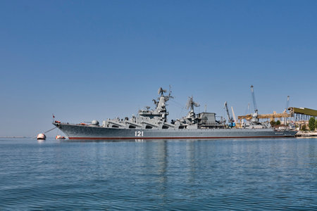 Sevastopol, Russia - September 26, 2020: Missile cruiser Moscow is moored in the port of Sevastopol. Black Sea Fleet of Russia.のeditorial素材