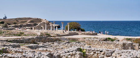 The ruins of the Chersonesos Taurica, Sevastopol, Crimean Peninsula.Tourists visiting the sights.のeditorial素材