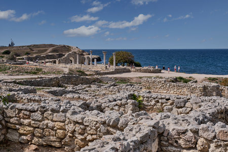 Sevastopol, Russia - September 25, 2020: The ruins of the Chersonesos Taurica, Sevastopol, Crimean Peninsula.Tourists visiting the sights.のeditorial素材