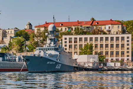 Sevastopol, Russia - September 26, 2020: Ingushetia - small rocket ship, moored in the port of Sevastopol. Black Sea Fleet of Russia. 630のeditorial素材