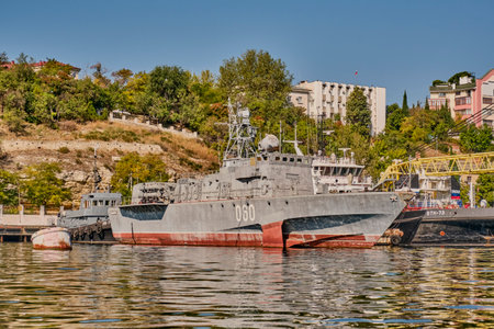 Sevastopol, Russia - September 26, 2020: Vladimir - small anti-submarine ship, moored in the port of Sevastopol. Black Sea Fleet of Russia. Side number 060.のeditorial素材