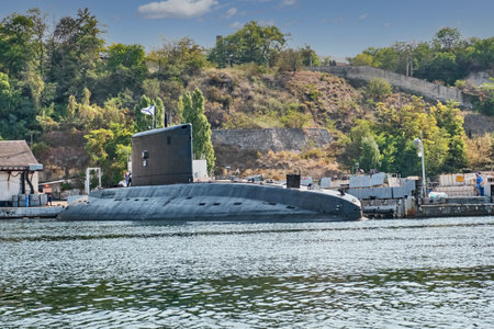 Sevastopol, Russia - September 26, 2020: Diesel-electric submarine B-268 Veliky Novgorod, moored in the port of Sevastopol. Black Sea Fleet of Russia.のeditorial素材