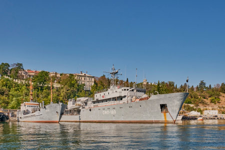 Sevastopol, Russia - September 26, 2020: Naval torpedo barge VTR-94 and Physical fields control vessel SFP-183 at the berth of the South Bay of Sevastopol. Black Sea Fleet of Russia.のeditorial素材