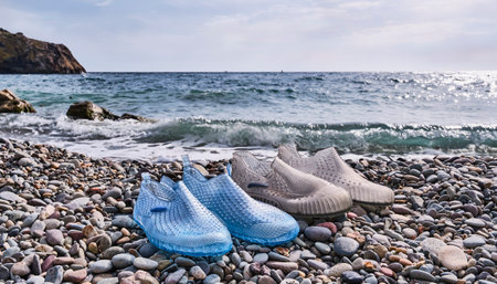 Rubber blue womens and grey mens slippers for swimming on a pebble beachの写真素材