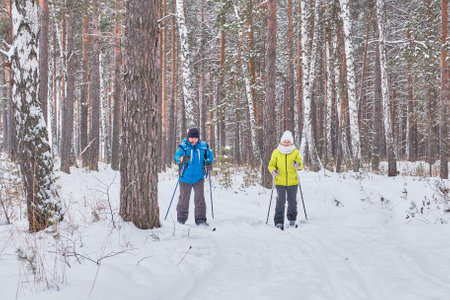 Mature couple in winter sportswear are cross-country skiing in snowy forest.の写真素材