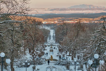 Snow-covered Cascade staircase of Zheleznogorsk Park is a tourist attraction of the resort town,...