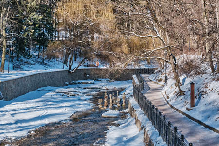 Olkhovka River and embankment in the beautiful national resort park of Kislovodsk, Russia