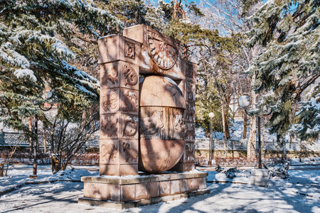Zheleznovodsk, Russia - January 21, 2021: The resort park in the winter. Stone sculpture sundial Zodiac signs, the egg of desires.のeditorial素材