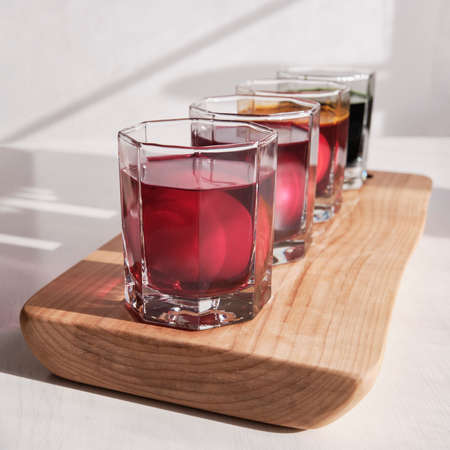 Four eggs in glasses of water in a row on wooden board is coloring with natural dyes in purple, pink, orange, green on a light background with shadows. Easter holiday conceptの写真素材