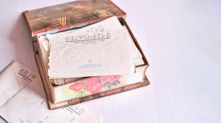 An old handmade cardboard box with paper letters from yesteryear.のeditorial素材