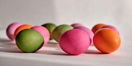 Colored chicken eggs painted with natural food dyes on a gray backgroundの写真素材