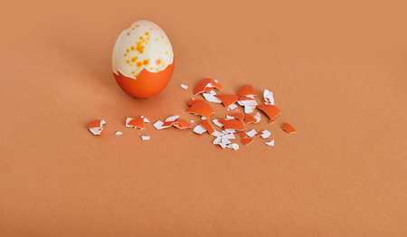 Semi-purified painted orange egg and there are a lot of eggshells nearby on a brown background.
