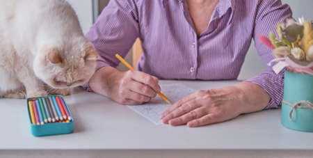 Elderly womans hand painting an abstract pattern from adult coloring pages.の写真素材