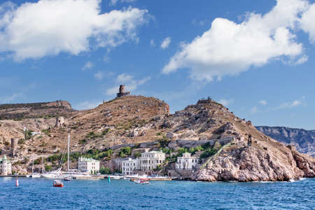 Mount Krepostnaya with the ruins of the medieval Genoese fortress Chembalo, Balaklava region of Sevastopol, Crimean peninsulaの写真素材