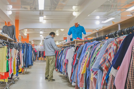Mature man in mask choosing clothes at Second hand store.のeditorial素材