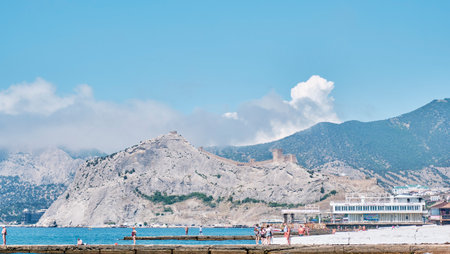 View of coast, walls and towers of medieval Genoese fortress. Seascape, Crimean peninsula.のeditorial素材