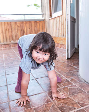 Little asian playing baby girl with black hair, standing on all foursの写真素材
