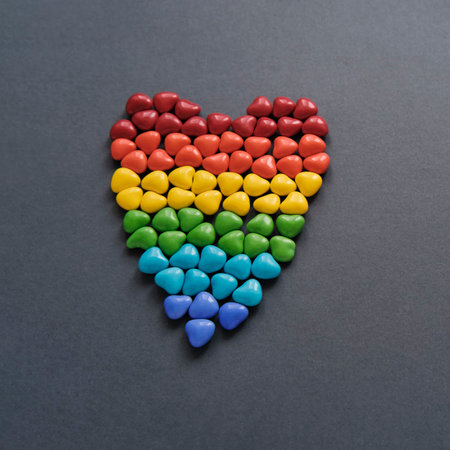 Big heart of small colored candy in form of hearts like LGBT flag on gray background.の写真素材