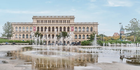 View of building of Kaliningrad Regional Museum of Fine Arts and musical fountainのeditorial素材