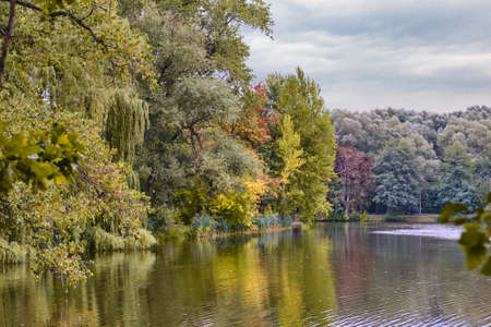 Autumn park landscape. Trees with lush colorful foliage reflect on the surface of the calm lakeの写真素材