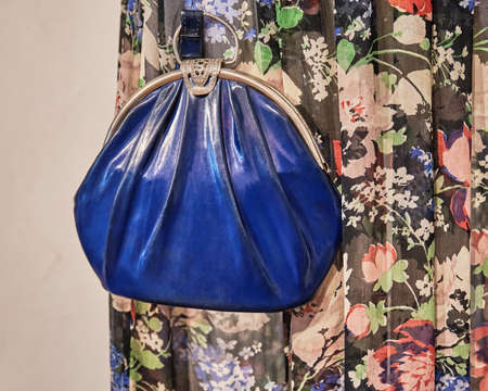 Vintage lacquered blue clutch bag with openwork lock on floral crepe de Chine background.の写真素材